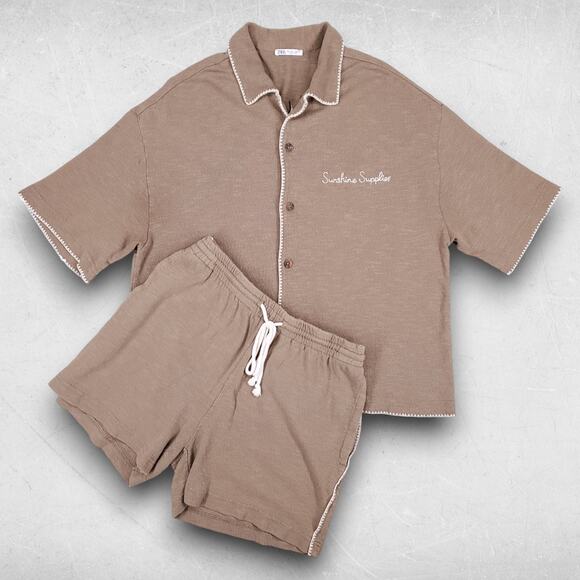 Zara Cardigan & Short Set Women L Brown Embroidered Trim Button Up Boho Casual - Picture 1 of 16